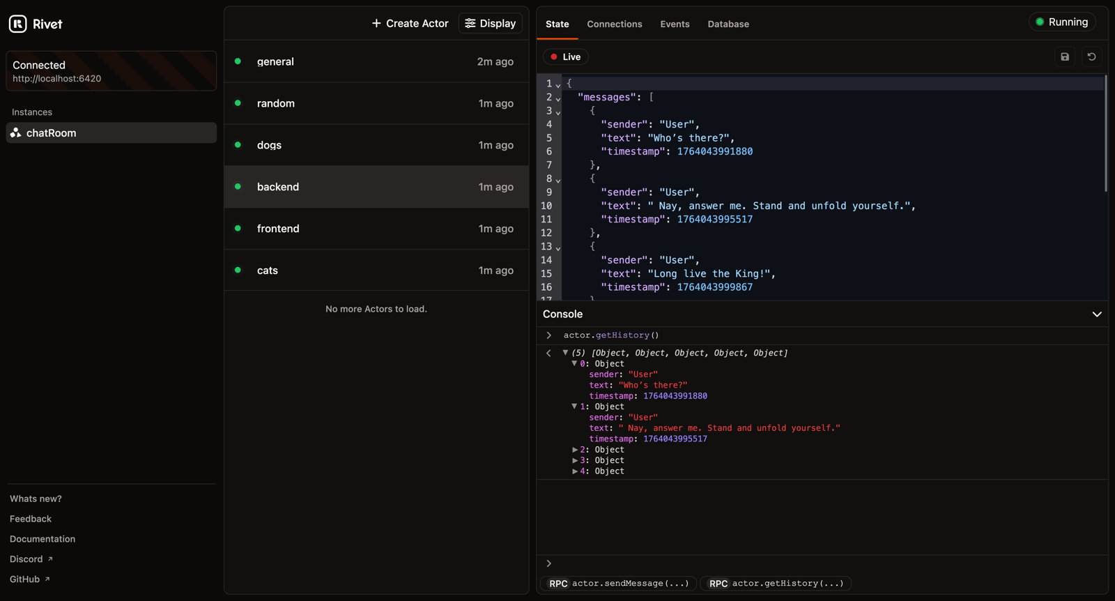 Rivet 自带的 Inspector 调试面板：可实时浏览 Actor 的 SQLite、查看工作流进度与每一步重试、订阅事件并直接 REPL 调用动作