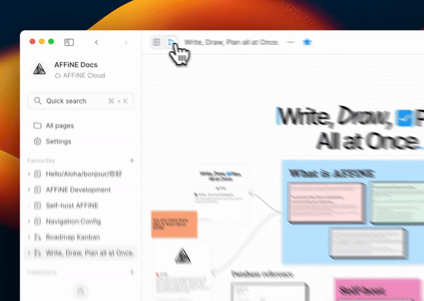 AFFiNE 实际界面:左侧是文档工作区侧栏(AFFiNE Docs / Cloud、快速搜索、页面列表),右侧是同一块无边界画布上的便签与白板元素