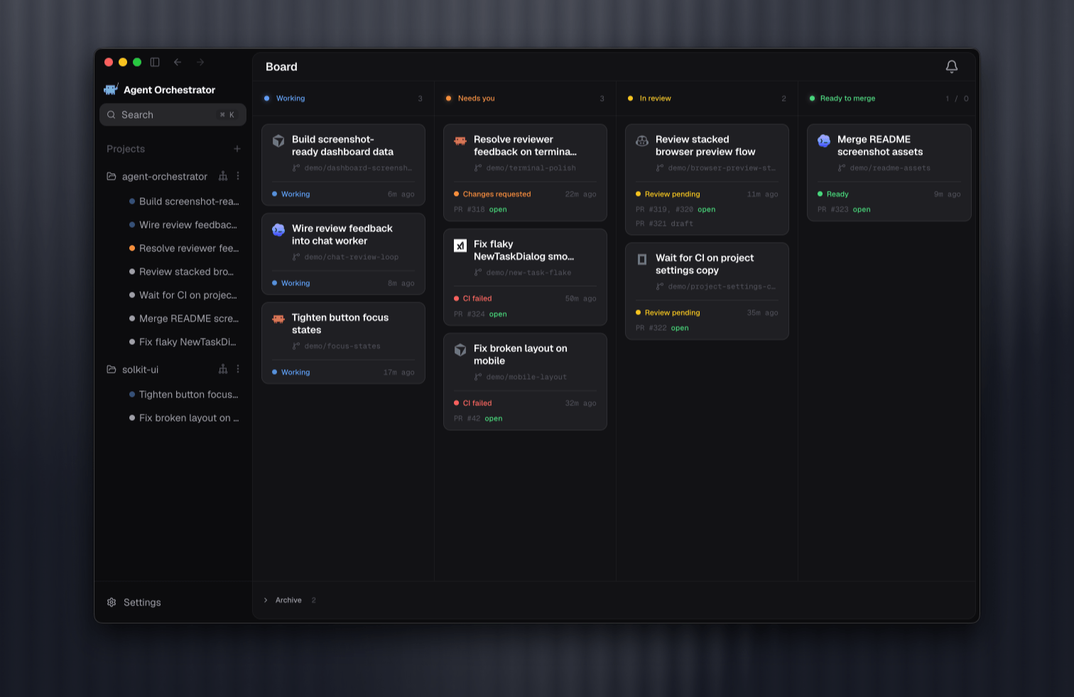 Agent Orchestrator 的实时看板:Working / Needs you / In review / Ready to merge 四列(官方截图)