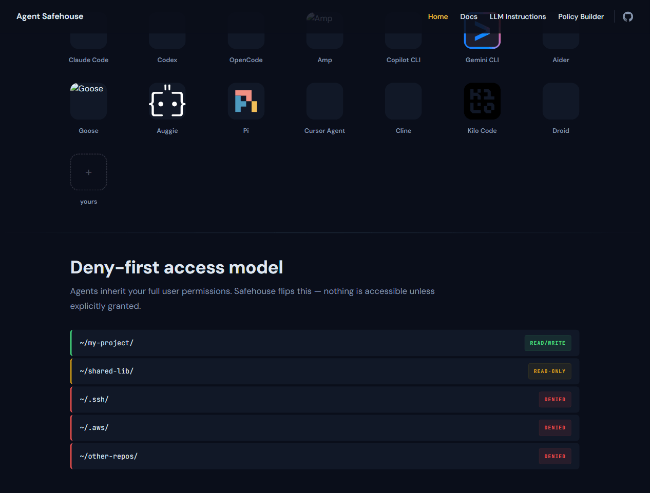 Agent Safehouse 的 deny-first 访问模型：项目可读写、共享库只读、密钥目录一律拒绝