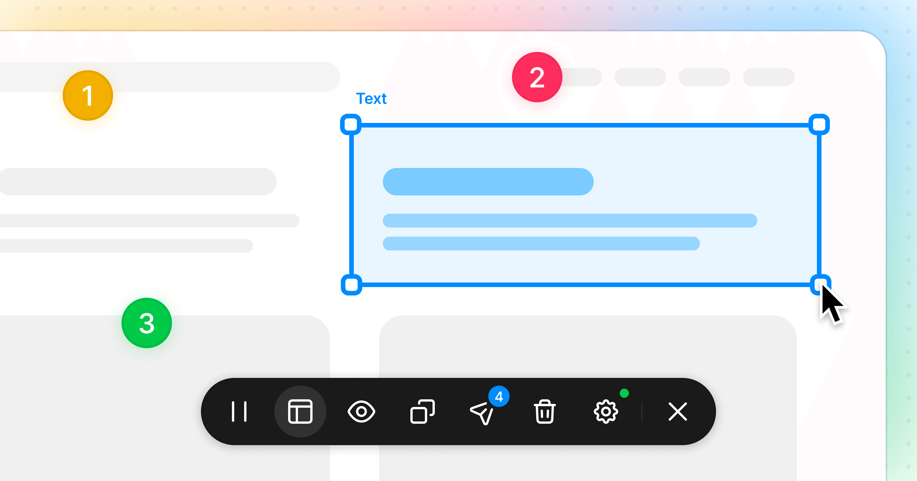官方 layout-mode 配图:"Text" 区域带控制点的框选,底部工具栏含暂停动画、预览、多选、批注 #4、删除、设置、关闭