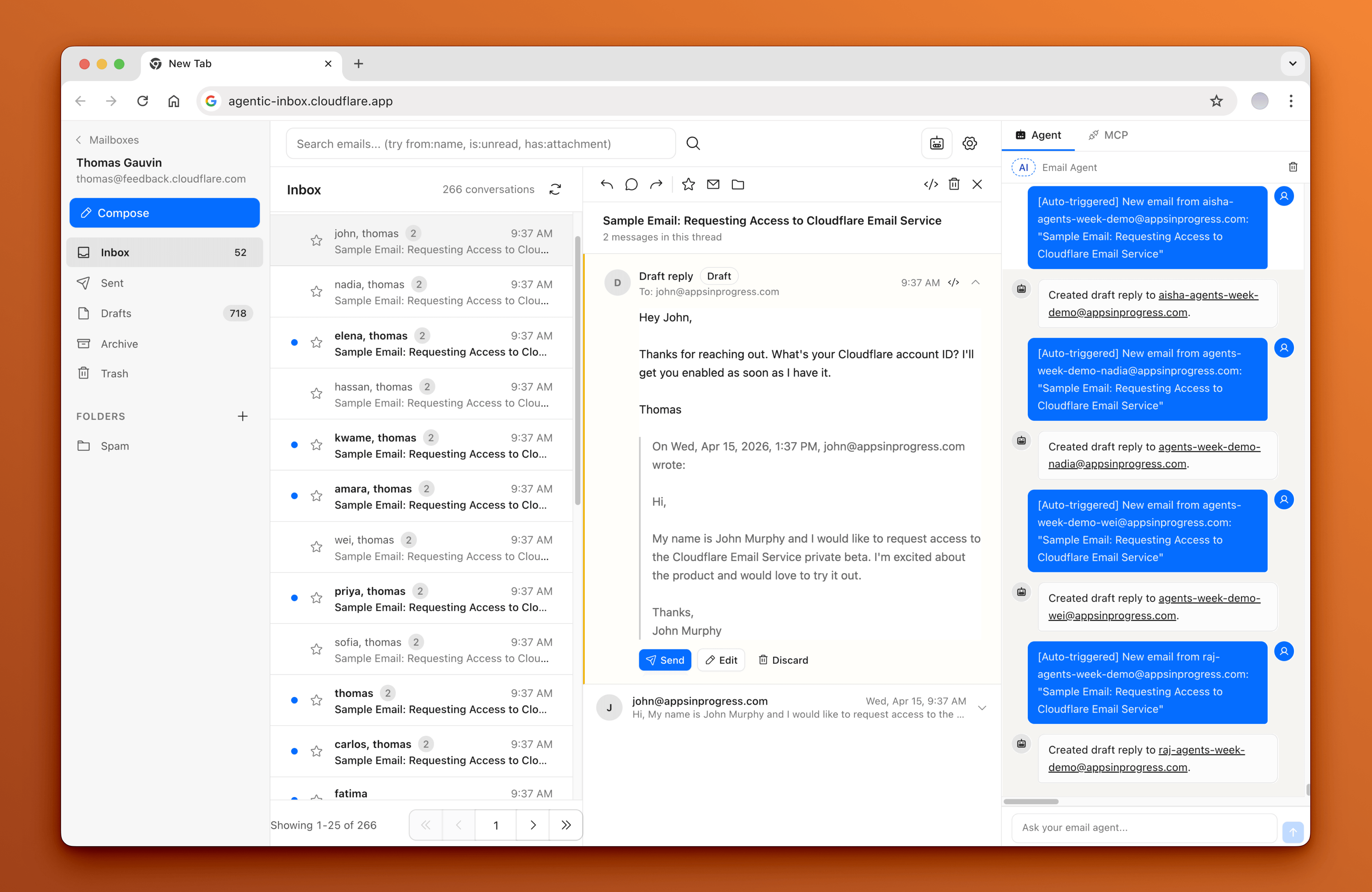 Agentic Inbox 官方仓库截图:一个跑在 Cloudflare Workers 上的自托管邮件客户端界面