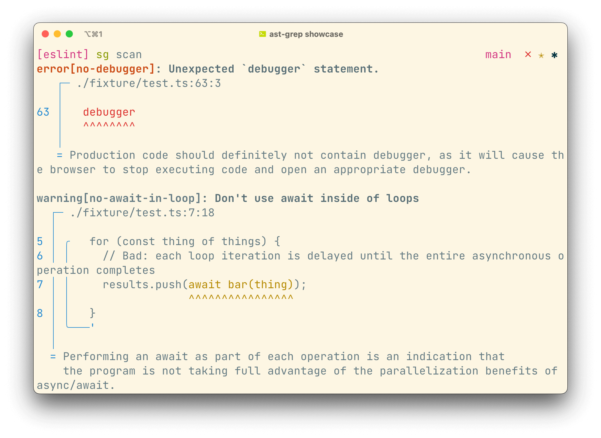 ast-grep 当 linter 用：sg scan 输出 error[no-debugger] 与 warning[no-await-in-loop]，带行列号、代码上下文与解释