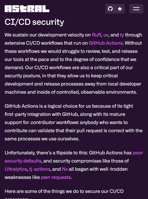 Astral 官方博客「CI/CD security」一节：GitHub Actions 是 Ruff、uv、ty 维持开发速度的关键，但其安全默认值很差，Ultralytics、tj-actions、Nx 等入侵都始于 pwn requests