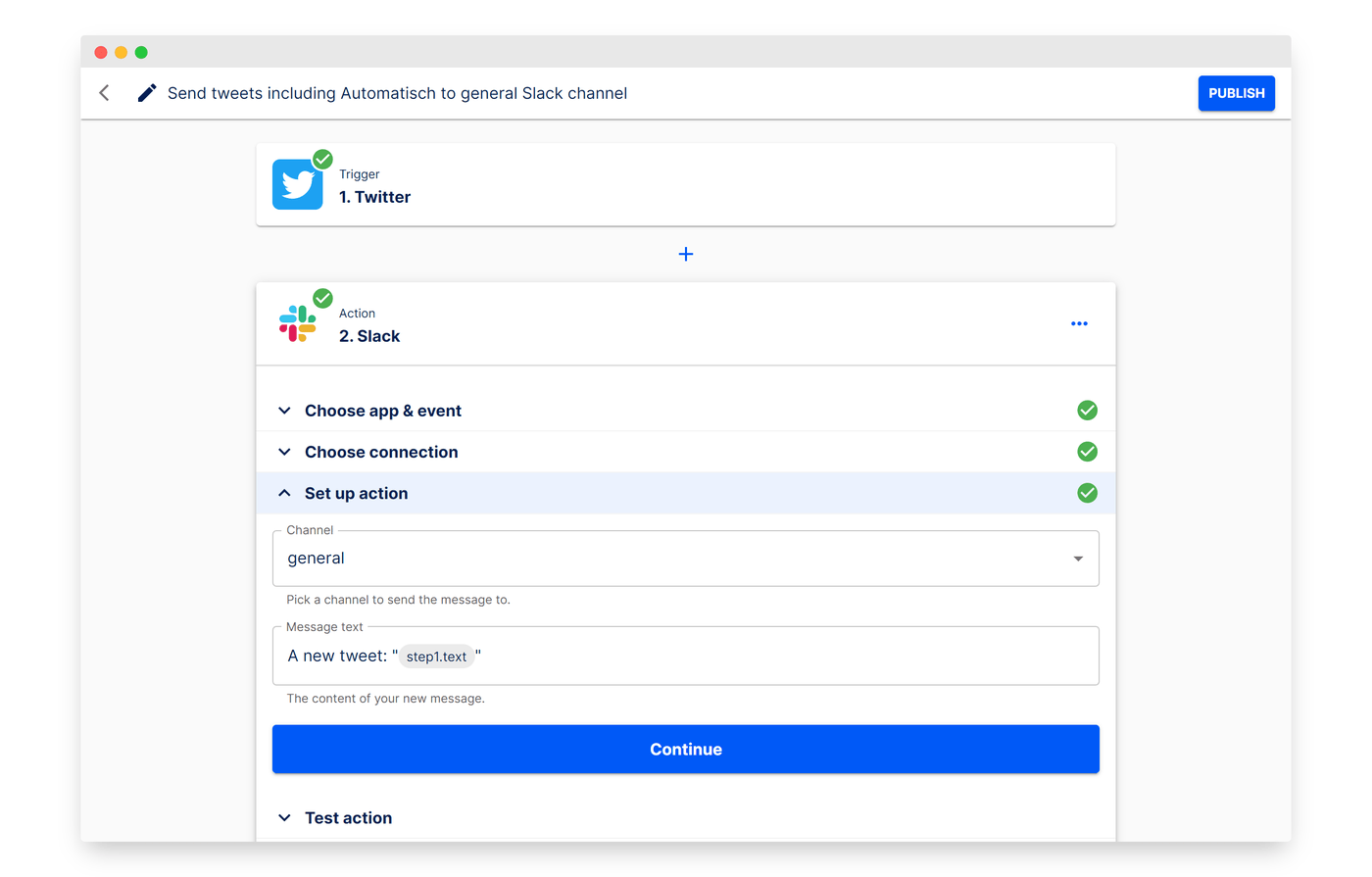 Automatisch 工作流编辑界面:Twitter 触发 → Slack 动作