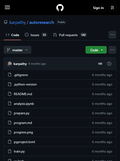 karpathy/autoresearch 仓库文件列表:prepare.py、train.py、program.md 三个核心文件,外加 analysis.ipynb、progress.png、pyproject.toml、uv.lock 等