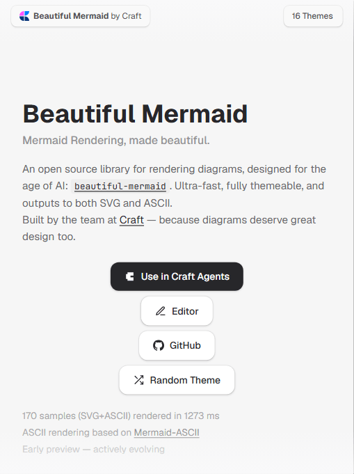 Beautiful Mermaid 官方首页:主题数、渲染基准与 Early Preview 标注
