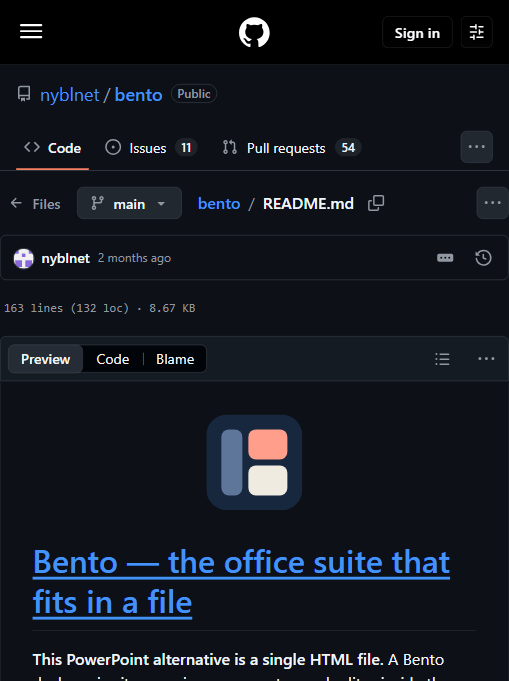 Bento 官方仓库页:标语与仓库活跃度(11 issues / 54 PRs)