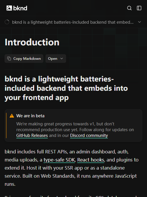 bknd 官方文档首页：自述"轻量、batteries-included、可嵌入前端"，并醒目提示仍处 beta