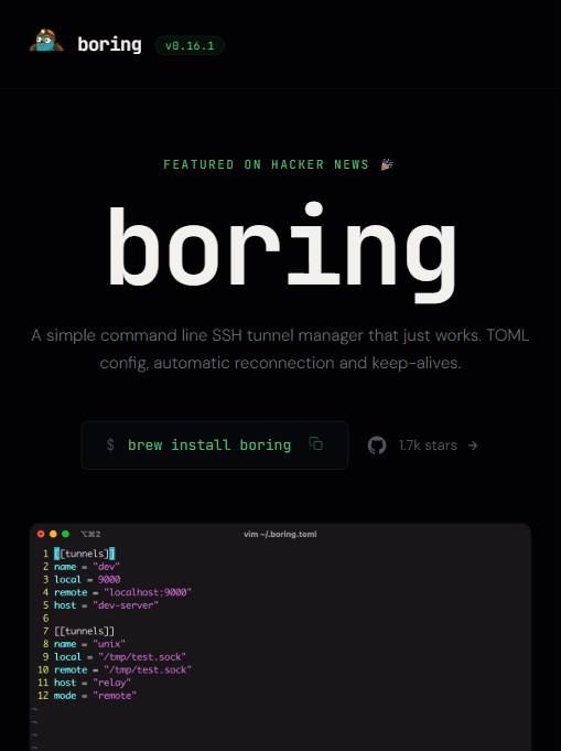 boring 官网首页：v0.16.1，featured on HN，配置写在 ~/.boring.toml