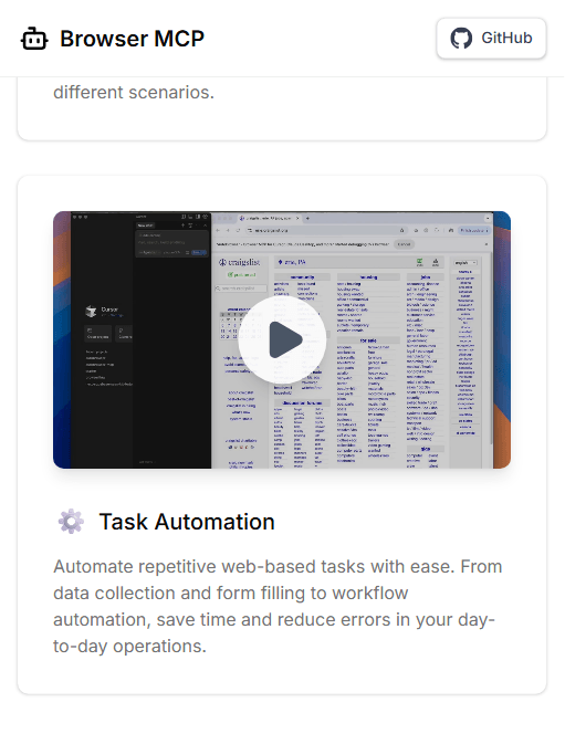 Browser MCP 官方用例页:Task Automation——在 Cursor 里指挥浏览器自动完成重复任务
