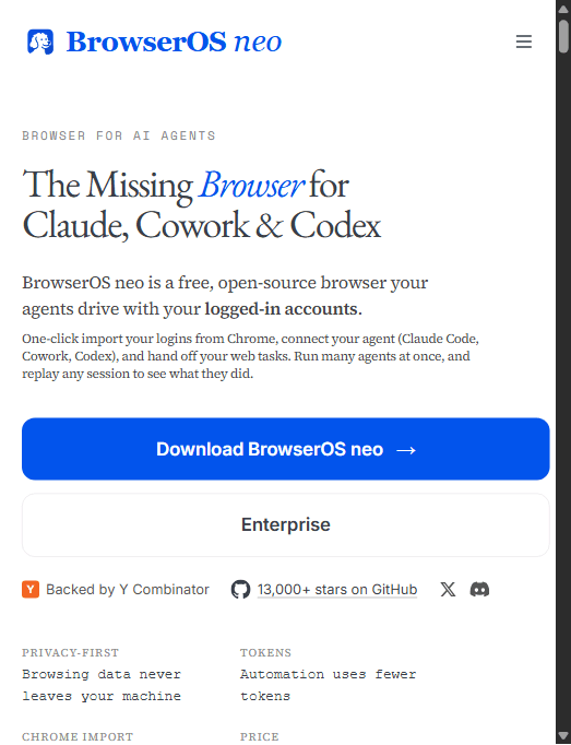 BrowserOS neo 官网：定位为"给 Claude、Cowork、Codex 用的那把缺失的浏览器"，YC 孵化、GitHub 1.3 万+ Star