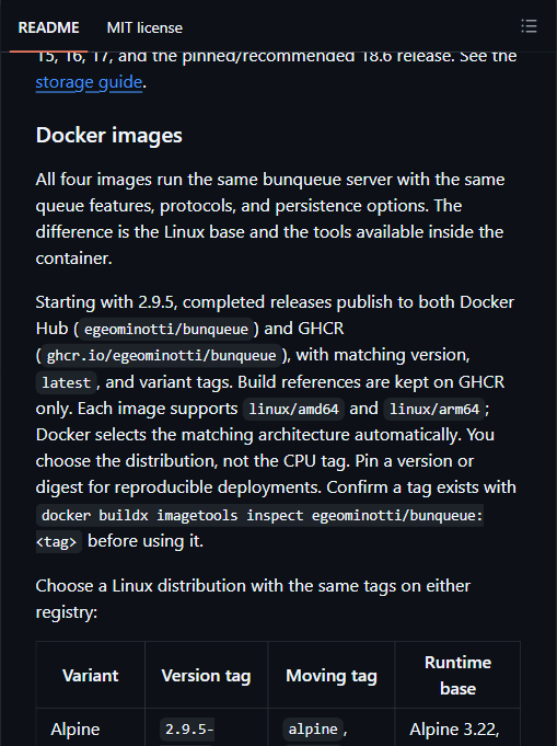bunqueue 官方 Docker 镜像变体表:按基础发行版选择,CPU 架构由 Docker 自动匹配