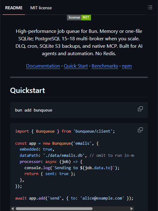 bunqueue quickstart:队列与 worker 合在一个对象里,持久化到单个 SQLite 文件