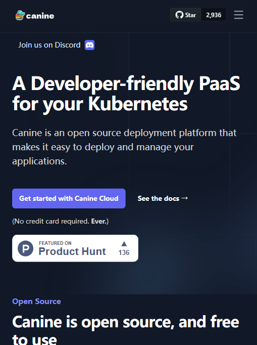 Canine 官网首屏：定位为"开发者友好的 Kubernetes PaaS"，曾登上 Product Hunt