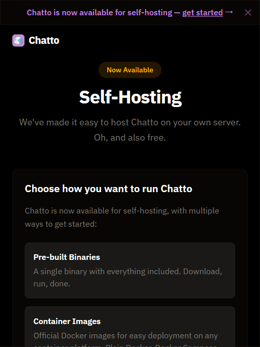 Chatto 自托管部署方式:二进制 / Docker / Kubernetes(官方)