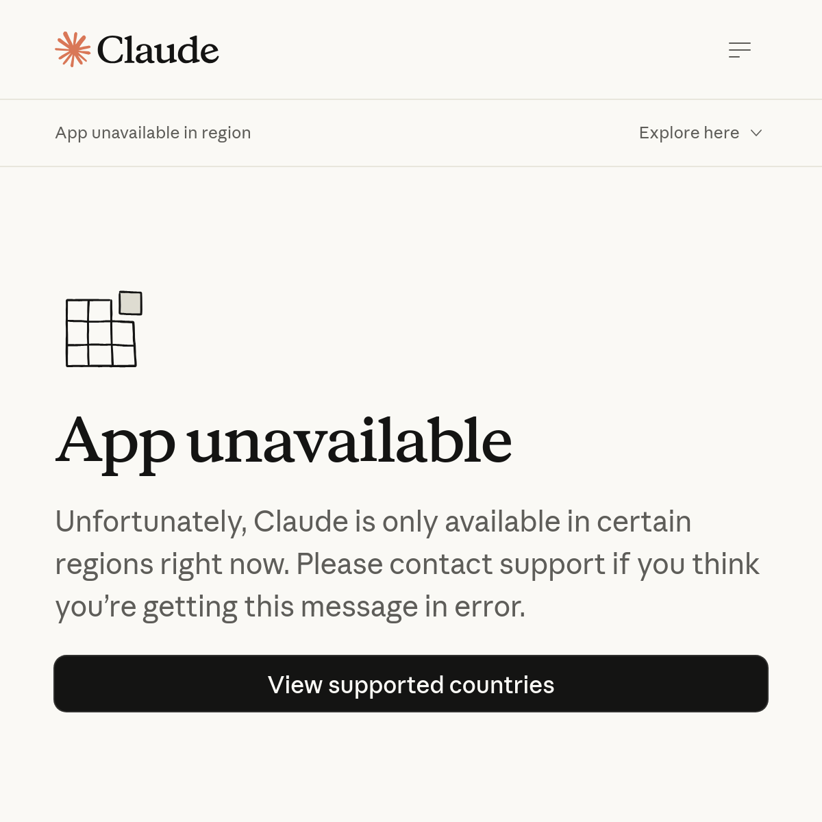 在受限区域直接打开官方系统提示词文档页,会被重定向到 Claude 的 "App unavailable in region" 提示页