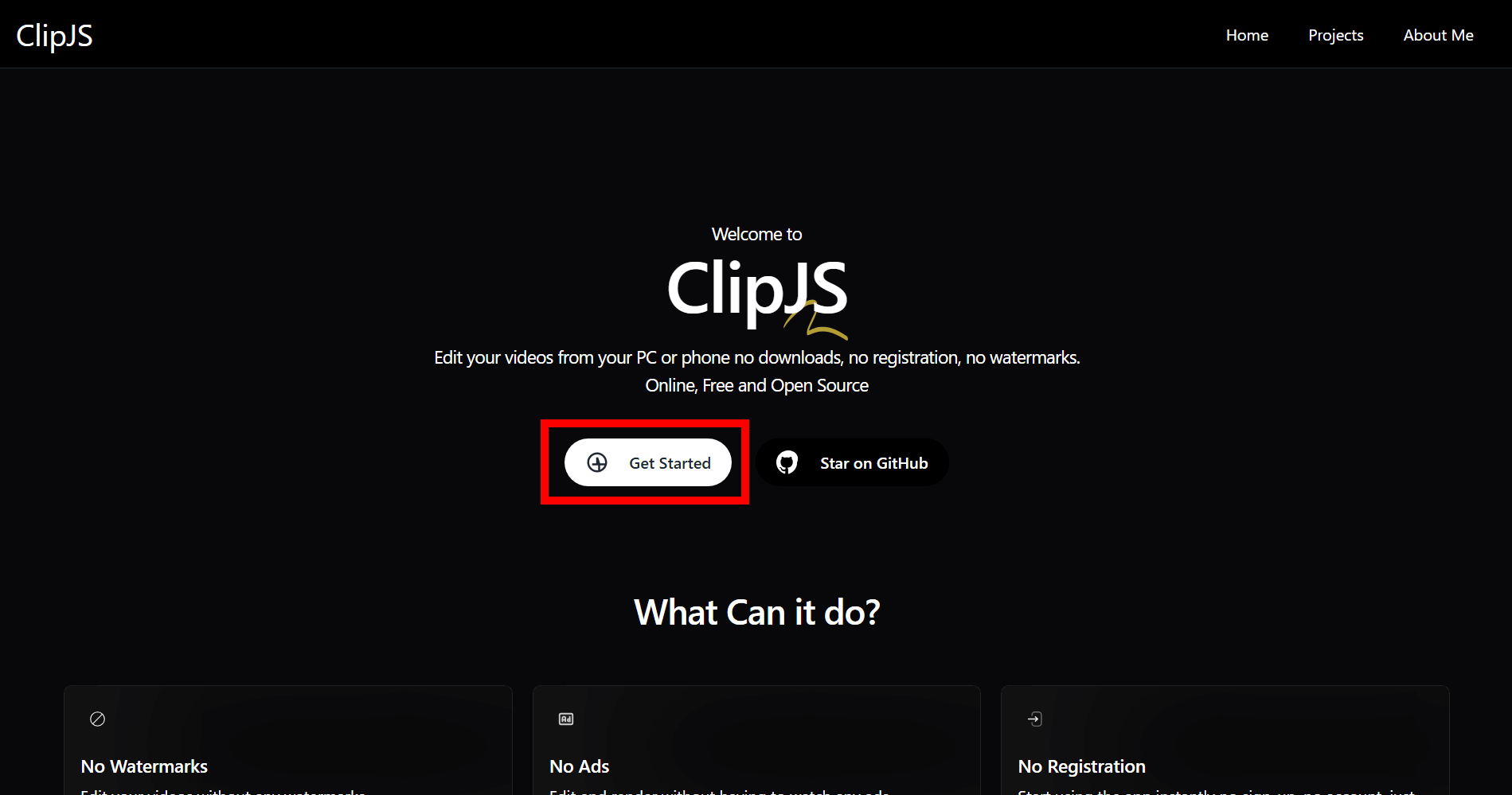 ClipJS 落地页：三大卖点 No Watermarks / No Ads / No Registration，配 Get Started 与 Star on GitHub 按钮