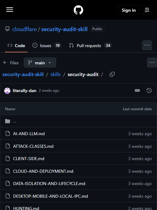 skills/security-audit 目录里按攻击类拆分的提示词文件:AI-AND-LLM、ATTACK-CLASSES、CLIENT-SIDE、CLOUD-AND-DEPLOYMENT、DATA-ISOLATION-AND-LIFECYCLE、DESKTOP-MOBILE-AND-LOCAL-IPC、HUNTING 等