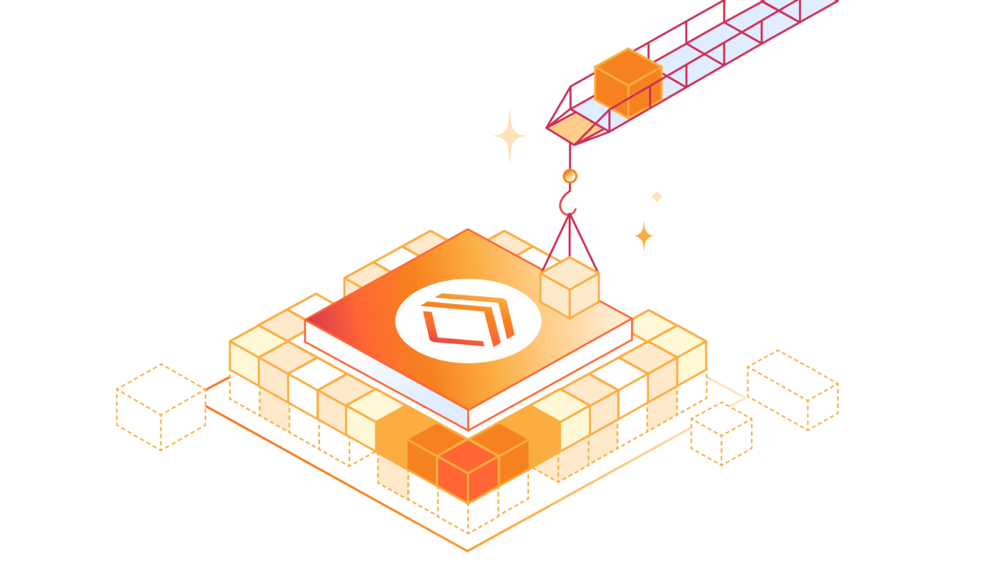 Cloudflare Containers 官方插画:一台起重机把容器方块吊装到 Cloudflare Workers 的底座上,象征"容器与 Workers 并存"