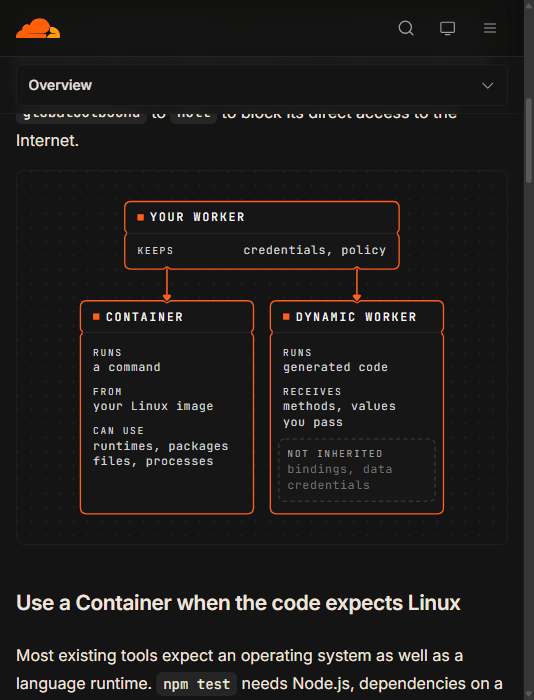 Cloudflare 官方文档：Container 与 Dynamic Worker 两种沙盒环境的隔离边界对比