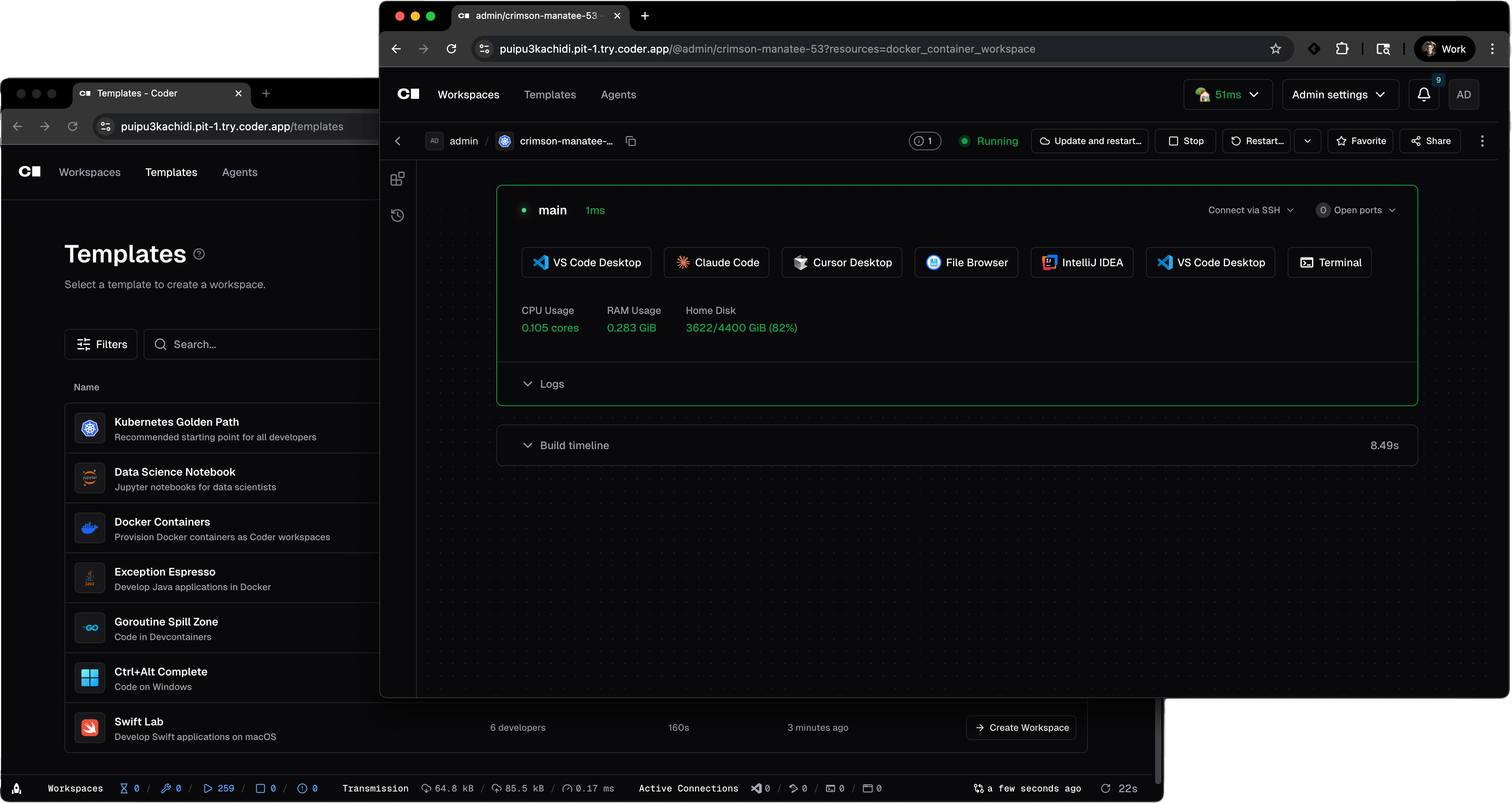 Coder 控制台:左侧为 Templates 模板列表,右侧为一个 Running 状态的工作区,可一键连接 VS Code Desktop、Claude Code、Cursor、IntelliJ,并实时显示 CPU/RAM/磁盘占用与连接时延