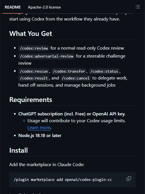 openai/codex-plugin-cc README 截图:"What You Get" 列出了 /codex:review、/codex:adversarial-review 与后台任务管理命令,下方是依赖要求与安装命令