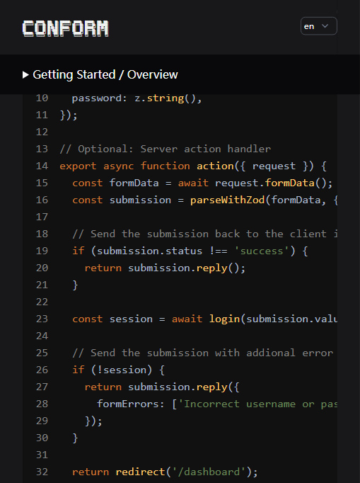 Conform 官方示例：Next.js Server Action 中用 parseWithZod 解析表单