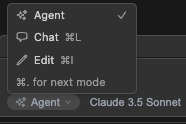 Continue 侧栏的模式切换下拉:Agent、Chat、Edit,以及"+ for next mode",右下角可切换当前模型(截图中为 Claude 3.5 Sonnet)