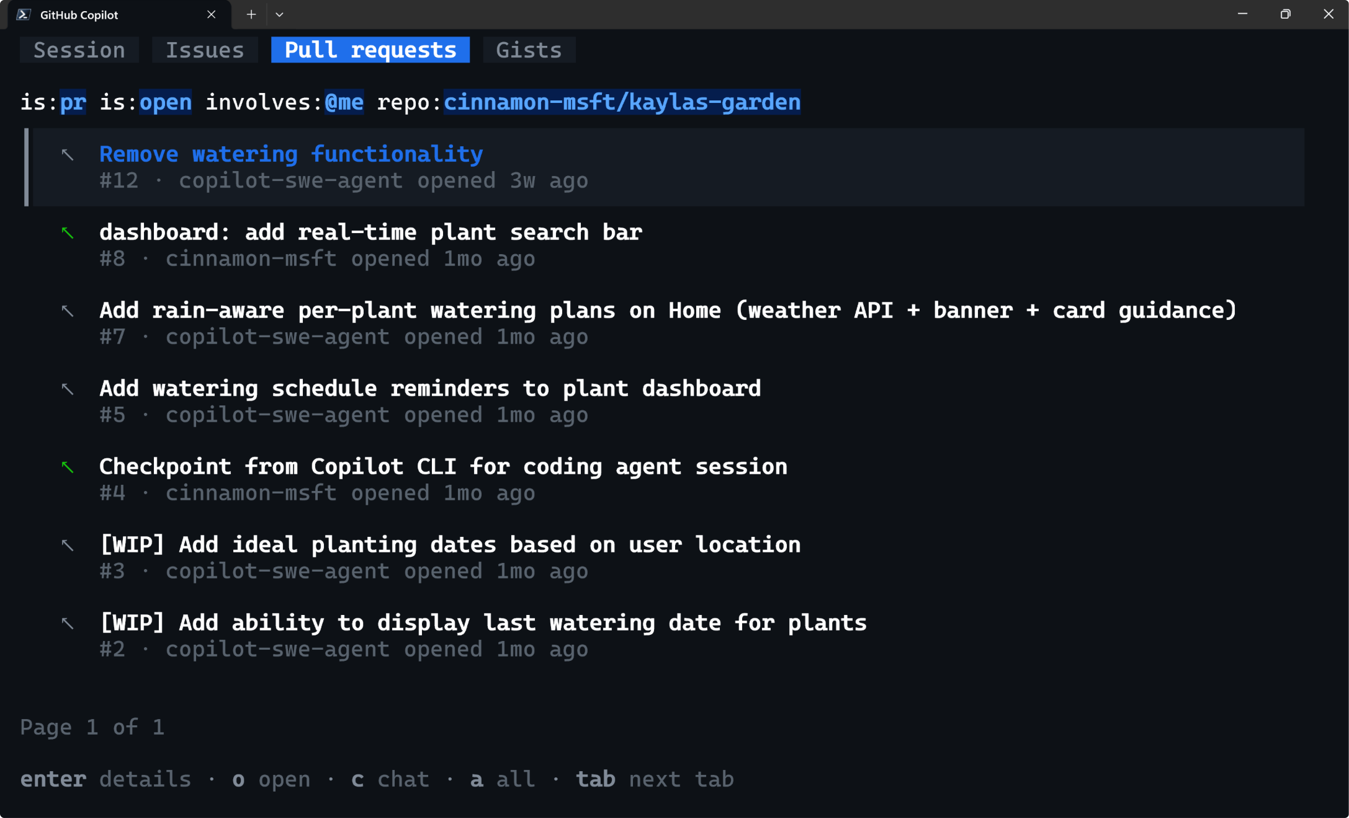 Copilot CLI 新终端:Session/Issues/Pull requests/Gists 标签页