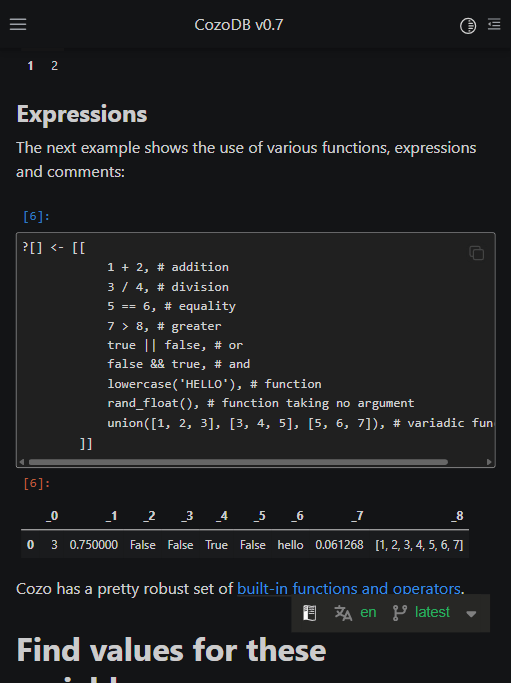 CozoDB 在线文档中的 CozoScript 表达式与即时输出