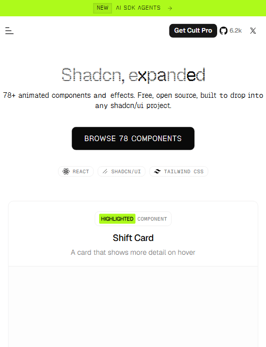 Cult UI 官网首页:Shadcn, expanded — 78+ 动效组件