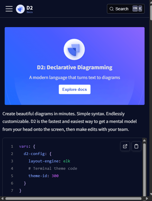 D2 官网首页:“D2: Declarative Diagramming — A modern language that turns text to diagrams”
