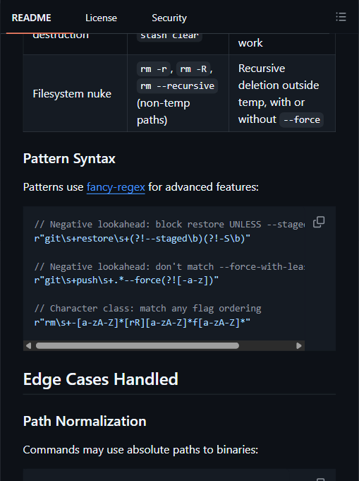 dcg 规则引擎使用 fancy-regex 编写负向先行断言与字符类，例如只拦截 git push --force 而放过 --force-with-lease