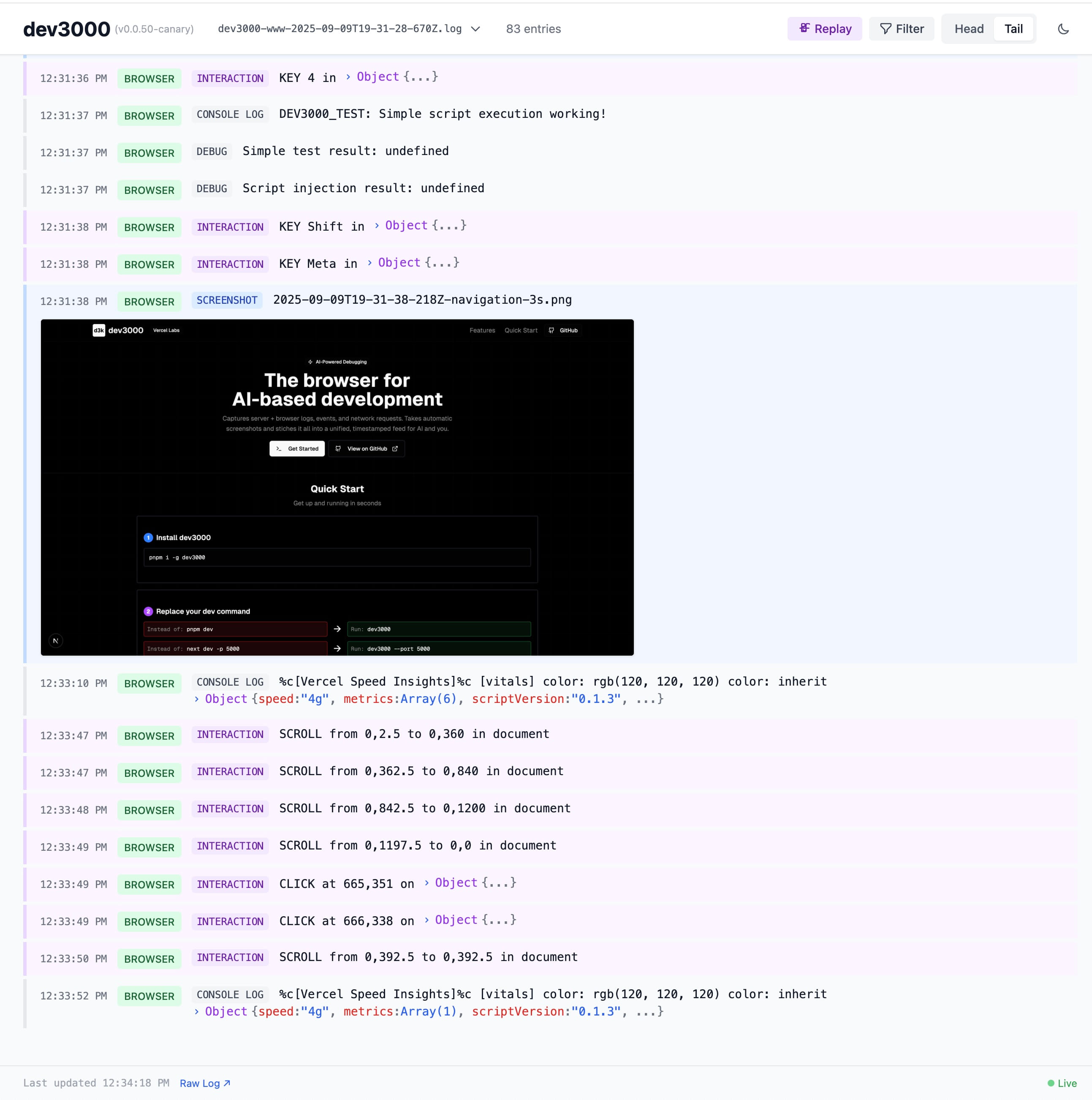 dev3000 的统一时间线：时间戳、BROWSER/CONSOLE/INTERACTION/SCREENSHOT 事件、内嵌截图回放（官方仓库 logs.jpg）