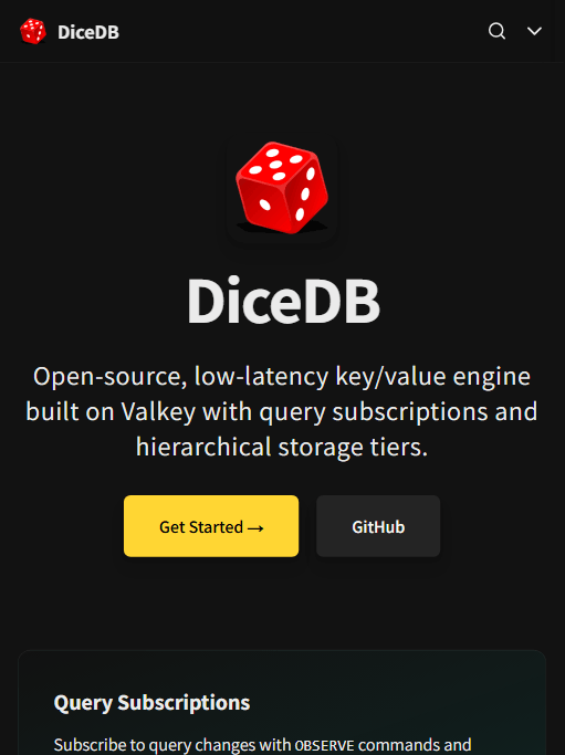 DiceDB 官网首页:定位为 built on Valkey 的开源低延迟 KV 引擎