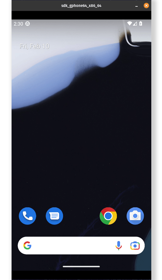 容器内 headless 启动的 Android 模拟器主屏幕(sdk_gphone64_x86_64)
