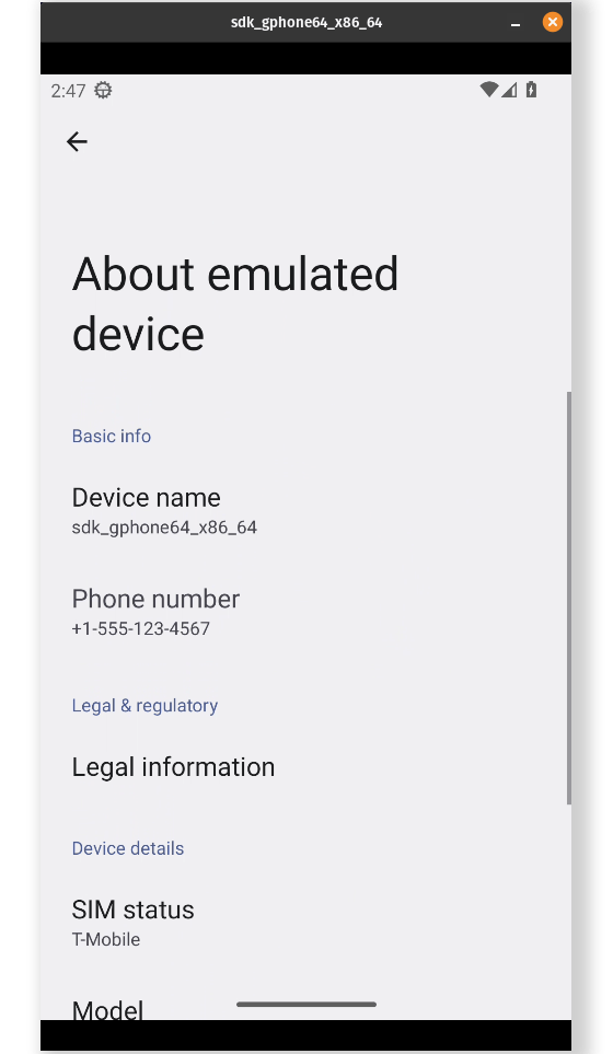 容器内模拟器的"关于模拟设备"页:设备名 sdk_gphone64_x86_64