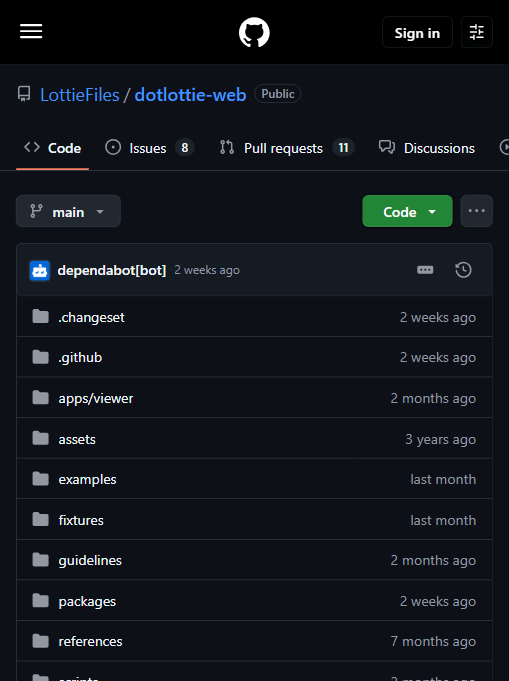 dotlottie-web 官方仓库:LottieFiles 出品,8 issues / 11 PRs