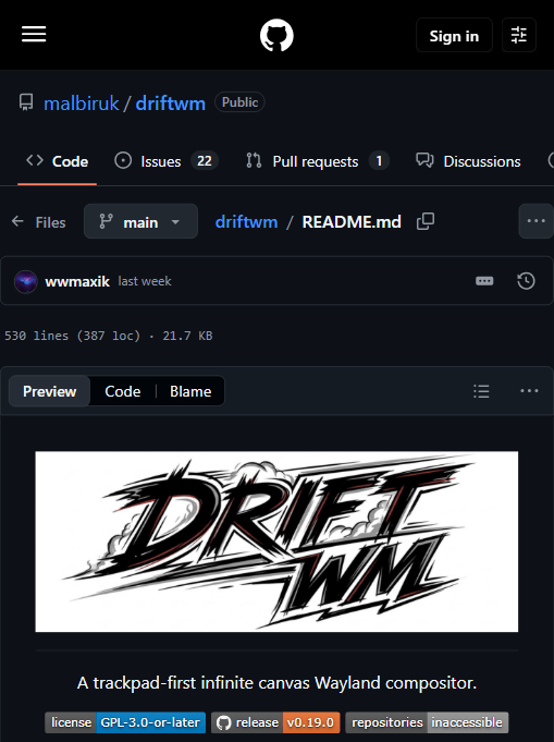 driftwm 官方仓库:GPL-3.0-or-later、v0.19.0、22 issues / 1 PR、packaging status inaccessible