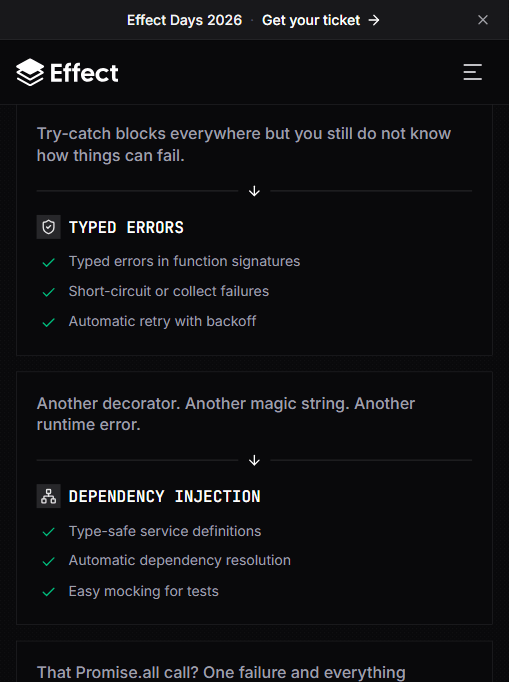 Effect 官网“What Effect Solves”对比：左列是没有 Effect 时的状态（到处 try-catch / 又一个装饰器又一个魔法字符串），右列是它提供的类型化错误与类型安全依赖注入