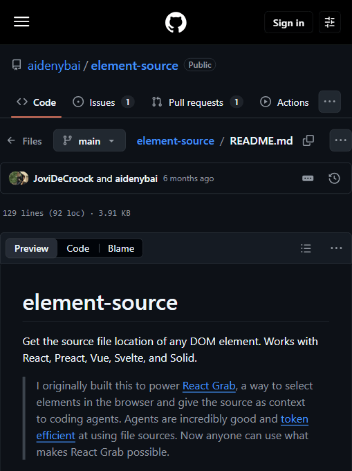 element-source 官方 README:项目自述为 React Grab 而造,专为给编码 Agent 供源码上下文