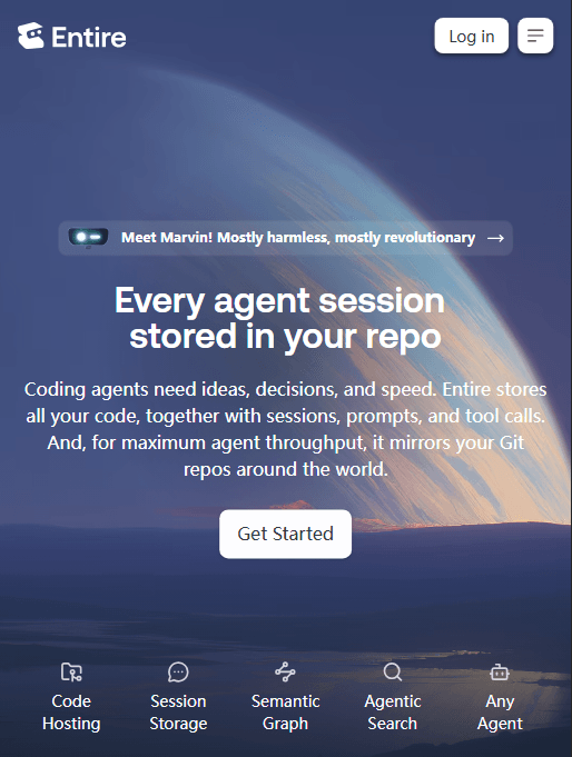 Entire 官网首屏:Every agent session stored in your repo——把会话、prompt、工具调用与代码存在一起