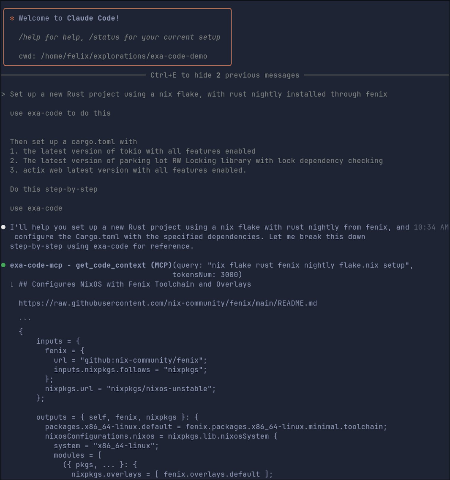 Claude Code 中调用 exa-code MCP,返回 fenix Nix flake 配置片段的官方示例