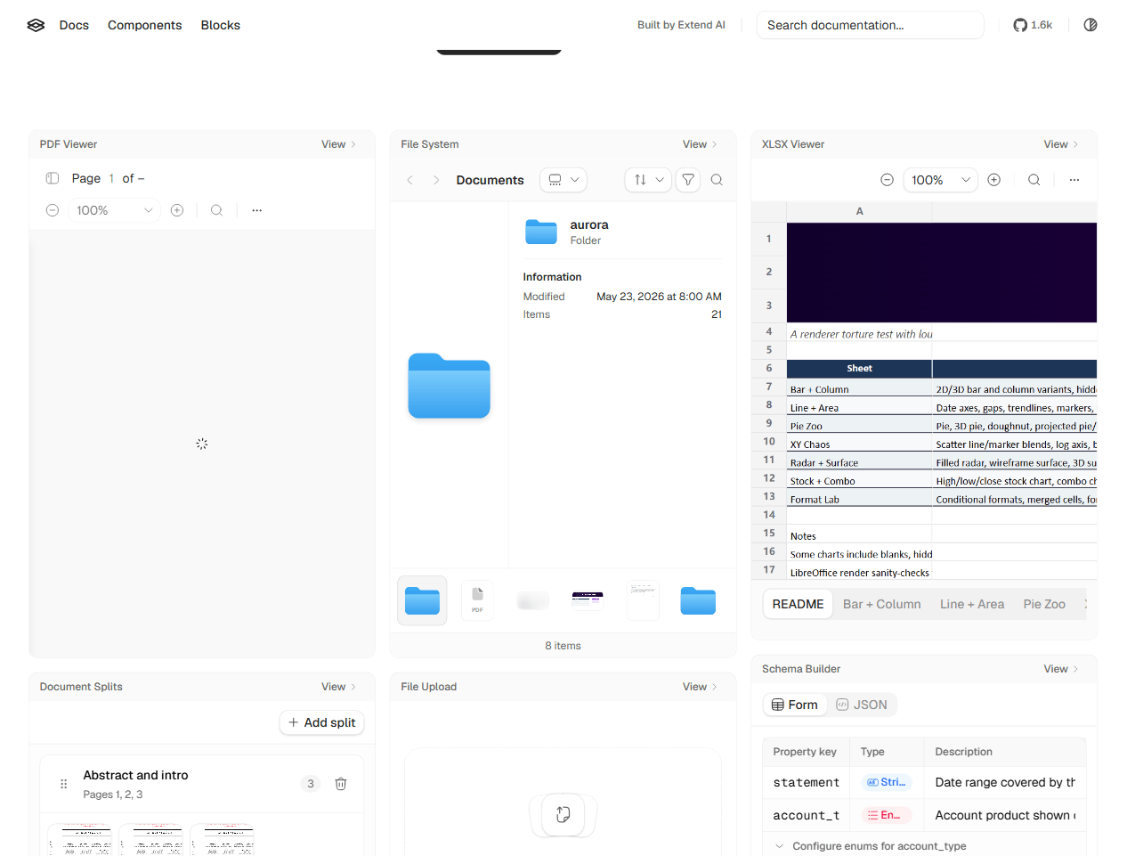 Extend UI 组件画廊：PDF Viewer、File System、XLSX Viewer、Document Splits、Schema Builder 等（官网截图）