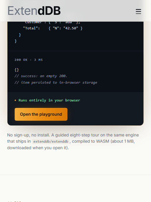 ExtendDB Playground：整个引擎编译为 WASM，约 1MB，在浏览器里直接跑 DynamoDB API