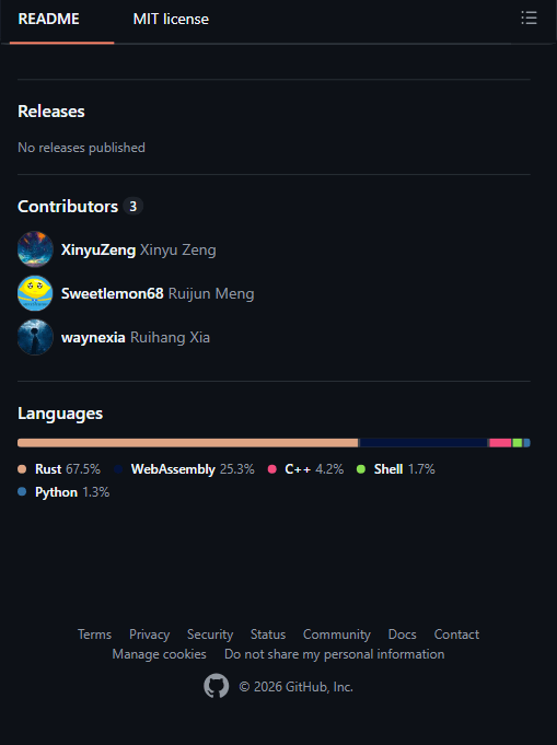 F3 仓库现状：No releases published、仅 3 位贡献者、Rust/Wasm 为主
