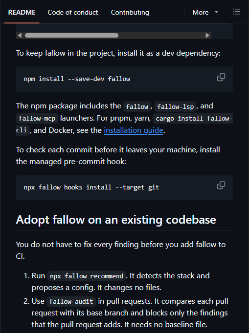在已有代码库上接入 fallow：作为 dev 依赖安装、内置 fallow/lsp/mcp 三个入口与 pre-commit 钩子