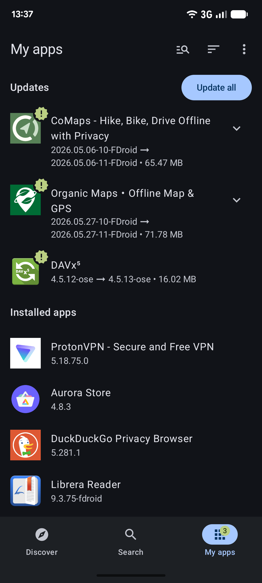 F-Droid 2.0 的 My Apps 界面：更新列表带版本 diff 与体积，一键全部更新