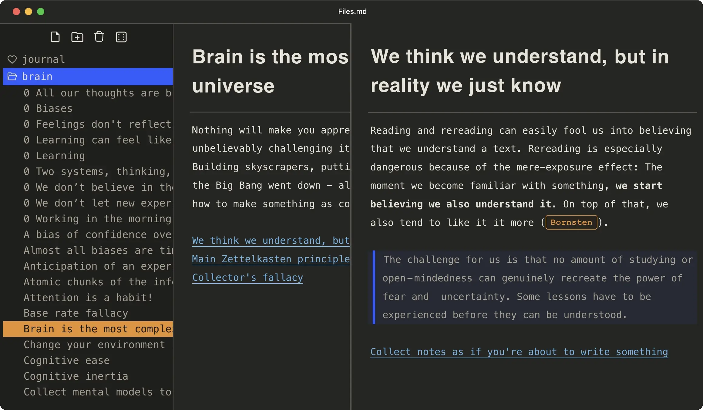 files.md 的深色三栏界面:左侧是文件树(journal、brain 文件夹下的一笔记),中间是笔记编辑区,右侧是相关笔记预览与反向链接